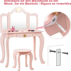 2 in 1 Kinder Schminktisch mit Hocker & Abnehmbarer Spiegel Mädchen Frisiertisch