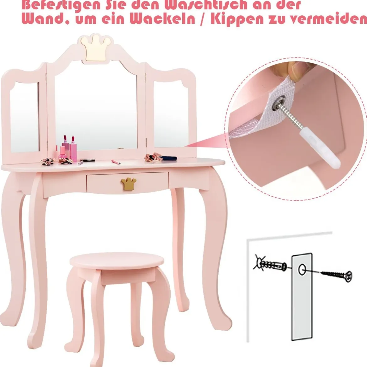 2 in 1 Kinder Schminktisch mit Hocker & Abnehmbarer Spiegel Mädchen Frisiertisch