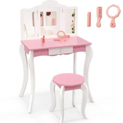 2 in 1 Kinder Schminktisch mit Hocker & 3-Fach Abnehmbarem Spiegel & Schublade Frisiertisch