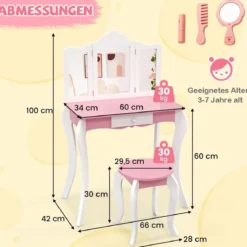 2 in 1 Kinder Schminktisch mit Hocker & 3-Fach Abnehmbarem Spiegel & Schublade Frisiertisch
