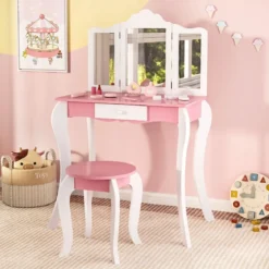 2 in 1 Kinder Schminktisch mit Hocker & 3-Fach Abnehmbarem Spiegel & Schublade Frisiertisch