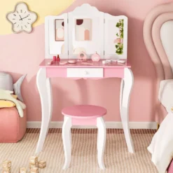 2 in 1 Kinder Schminktisch mit Hocker & 3-Fach Abnehmbarem Spiegel & Schublade Frisiertisch