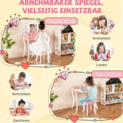 2 in 1 Kinder Schminktisch mit Hocker & 3-Fach Abnehmbarem Spiegel & Schublade Frisiertisch