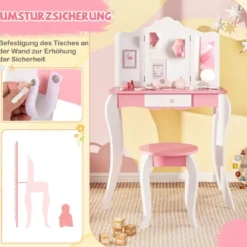 2 in 1 Kinder Schminktisch mit Hocker & 3-Fach Abnehmbarem Spiegel & Schublade Frisiertisch