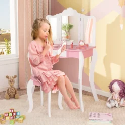 2 in 1 Kinder Schminktisch mit Hocker & 3-Fach Abnehmbarem Spiegel & Schublade Frisiertisch