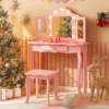 2 in 1 Kinder Schminktisch mit LED-Leuchten & Klappbarem Spiegel & Schubladen Rosa