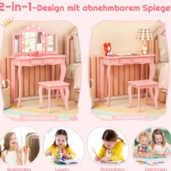 2 in 1 Kinder Schminktisch mit LED-Leuchten & Klappbarem Spiegel & Schubladen Rosa