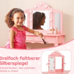 2 in 1 Kinder Schminktisch mit LED-Leuchten & Klappbarem Spiegel & Schubladen Rosa