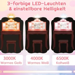 2 in 1 Kinder Schminktisch mit LED-Leuchten & Klappbarem Spiegel & Schubladen Rosa