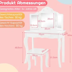 2 in 1 Kinder Schminktisch mit LED-Leuchten & Klappbarem Spiegel & Schubladen Weiß