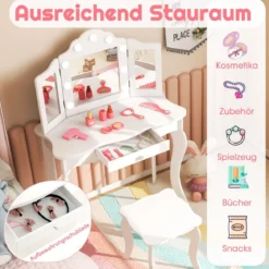2 in 1 Kinder Schminktisch mit LED-Leuchten & Klappbarem Spiegel & Schubladen Weiß