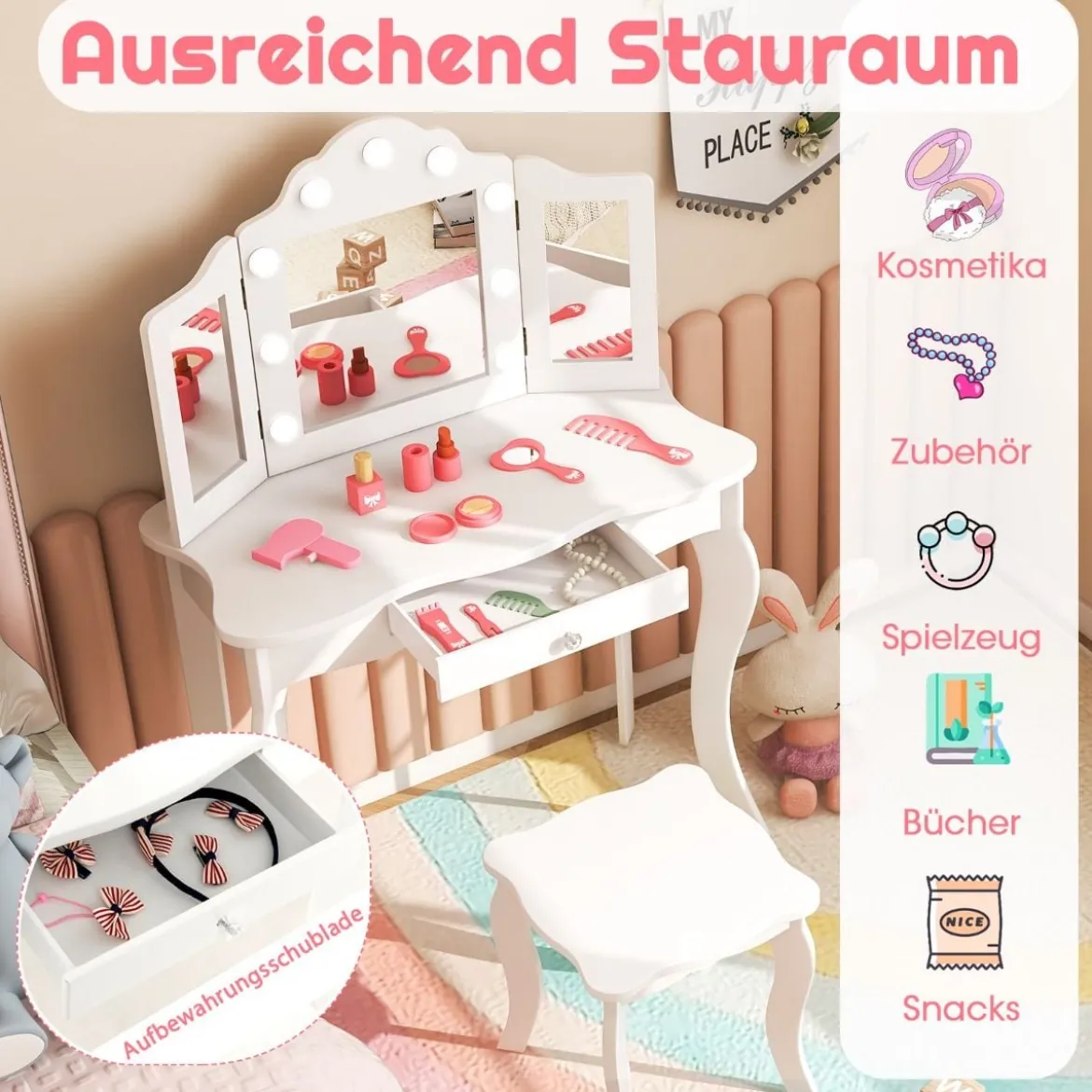 2 in 1 Kinder Schminktisch mit LED-Leuchten & Klappbarem Spiegel & Schubladen Weiß