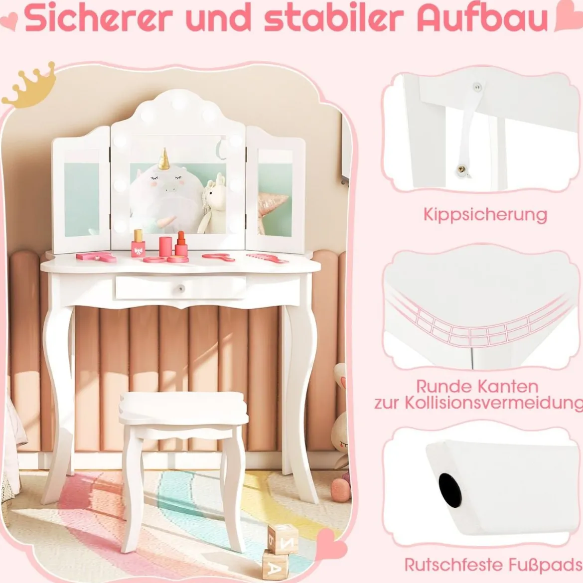 2 in 1 Kinder Schminktisch mit LED-Leuchten & Klappbarem Spiegel & Schubladen Weiß