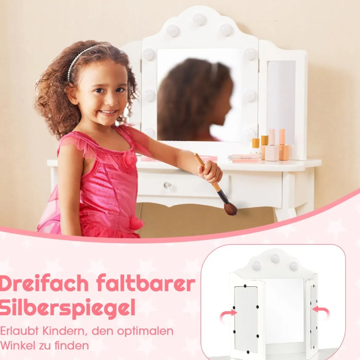 2 in 1 Kinder Schminktisch mit LED-Leuchten & Klappbarem Spiegel & Schubladen Weiß