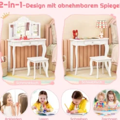 2 in 1 Kinder Schminktisch mit LED-Leuchten & Klappbarem Spiegel & Schubladen Weiß