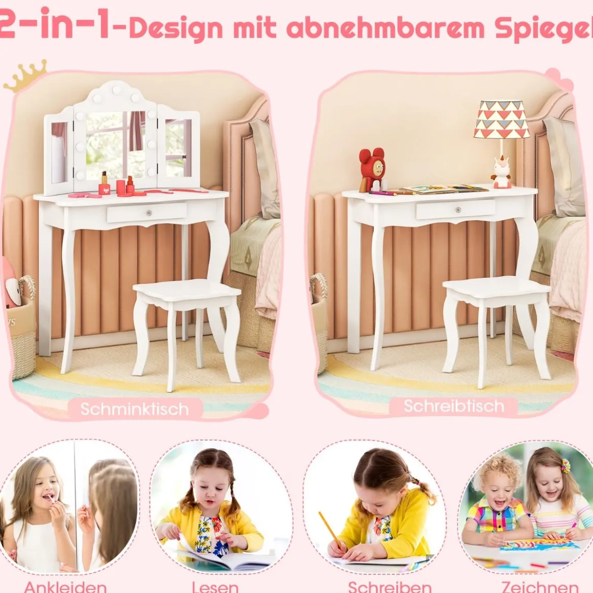 2 in 1 Kinder Schminktisch mit LED-Leuchten & Klappbarem Spiegel & Schubladen Weiß