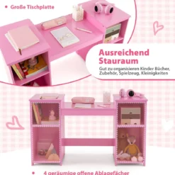 2 in 1 Kinder Schminktisch Schreibtisch mit Abnehmbarem Spiegel & Offenen Fächern Rosa