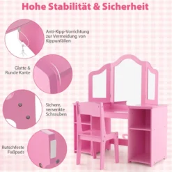2 in 1 Kinder Schminktisch Schreibtisch mit Abnehmbarem Spiegel & Offenen Fächern Rosa