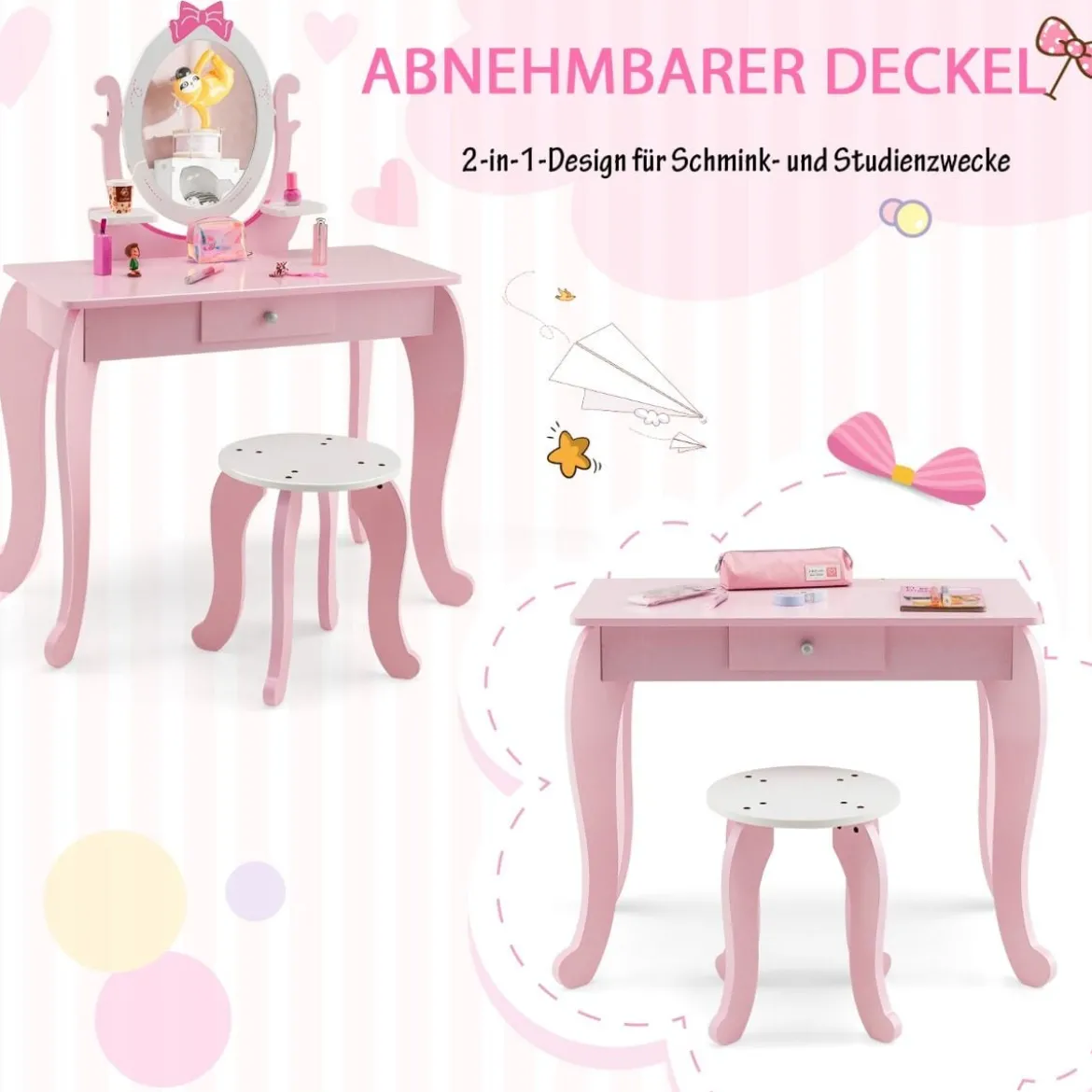 2-in-1 Kinder Schminktisch-Set aus Holz mit Hocker für Kinder von 3–7 Jahren Rosa + Weiß