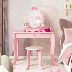 2-in-1 Kinder Schminktisch-Set aus Holz mit Hocker für Kinder von 3–7 Jahren Rosa + Weiß