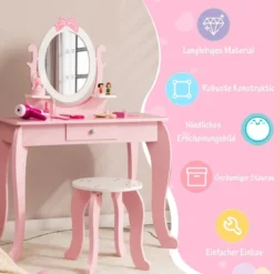 2-in-1 Kinder Schminktisch-Set aus Holz mit Hocker für Kinder von 3–7 Jahren Rosa + Weiß