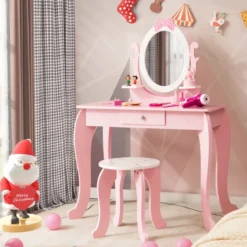 2-in-1 Kinder Schminktisch-Set aus Holz mit Hocker für Kinder von 3–7 Jahren Rosa + Weiß