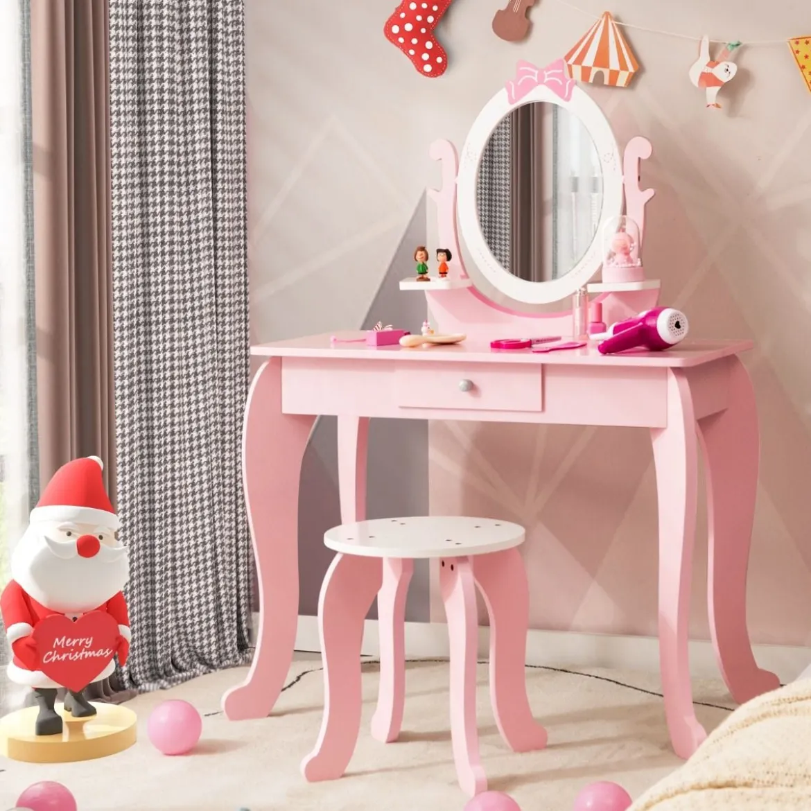 2-in-1 Kinder Schminktisch-Set aus Holz mit Hocker für Kinder von 3–7 Jahren Rosa + Weiß
