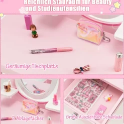 2-in-1 Kinder Schminktisch-Set aus Holz mit Hocker für Kinder von 3–7 Jahren Rosa + Weiß