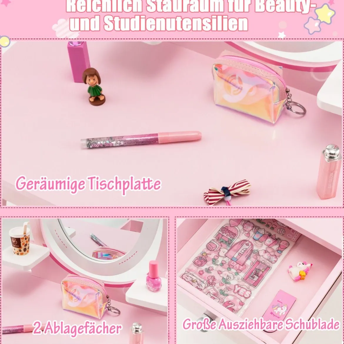 2-in-1 Kinder Schminktisch-Set aus Holz mit Hocker für Kinder von 3–7 Jahren Rosa + Weiß