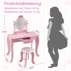 2-in-1 Kinder Schminktisch-Set aus Holz mit Hocker für Kinder von 3–7 Jahren Rosa + Weiß