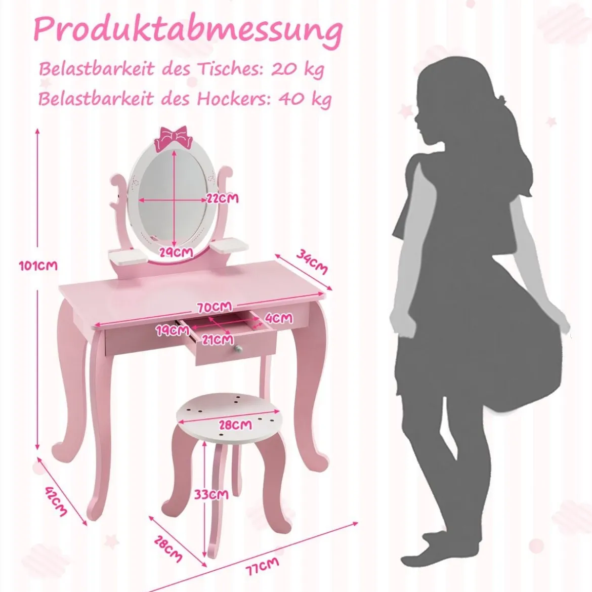 2-in-1 Kinder Schminktisch-Set aus Holz mit Hocker für Kinder von 3–7 Jahren Rosa + Weiß