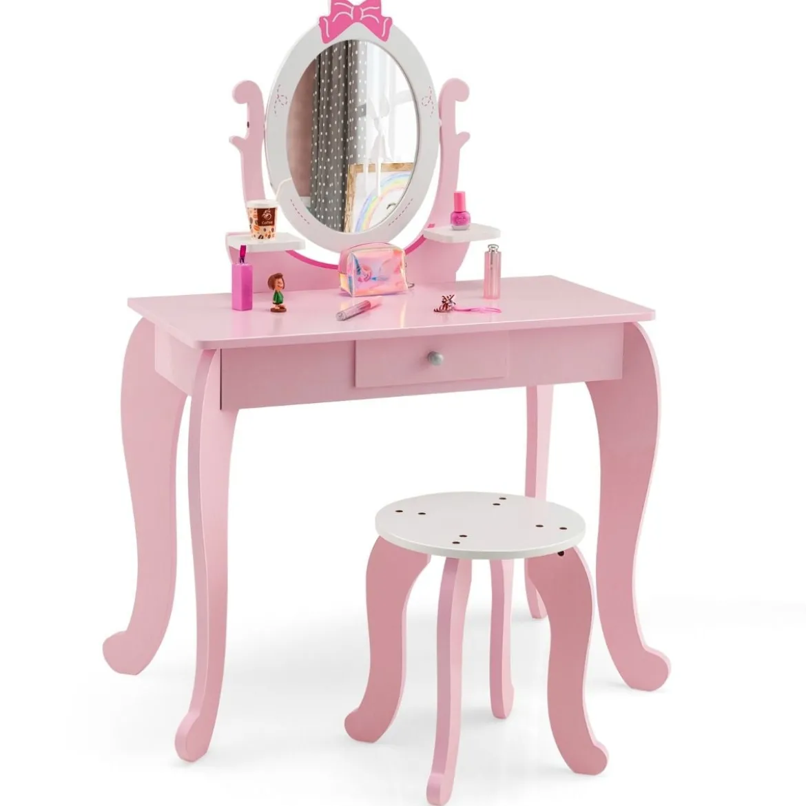 2-in-1 Kinder Schminktisch-Set aus Holz mit Hocker für Kinder von 3–7 Jahren Rosa + Weiß