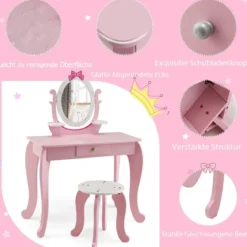 2-in-1 Kinder Schminktisch-Set aus Holz mit Hocker für Kinder von 3–7 Jahren Rosa + Weiß