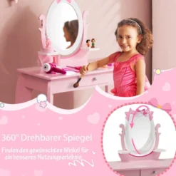 2-in-1 Kinder Schminktisch-Set aus Holz mit Hocker für Kinder von 3–7 Jahren Rosa + Weiß