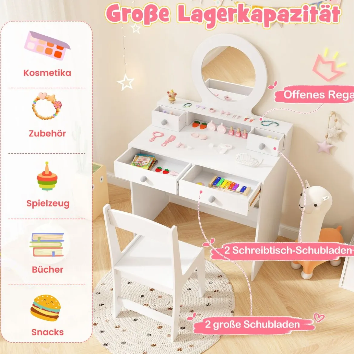 2 in 1 Kinder Schminktisch Set Kinderschminktisch mit Spiegel Kosmetiktisch für Mädchen Weiß