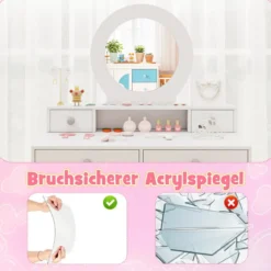 2 in 1 Kinder Schminktisch Set Kinderschminktisch mit Spiegel Kosmetiktisch für Mädchen Weiß