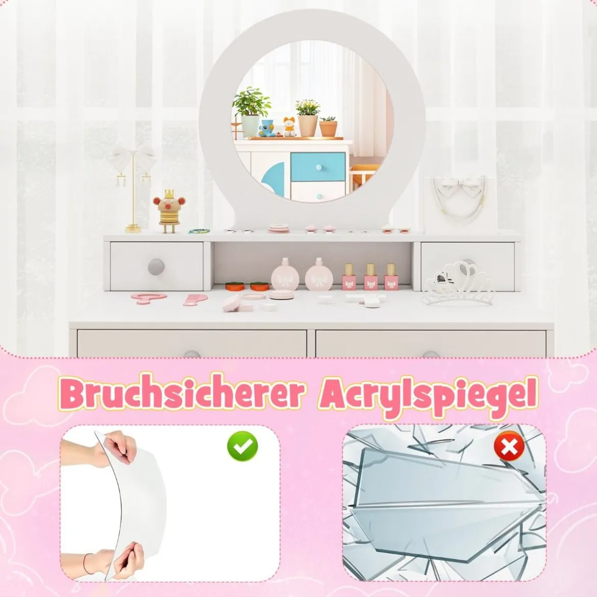 2 in 1 Kinder Schminktisch Set Kinderschminktisch mit Spiegel Kosmetiktisch für Mädchen Weiß