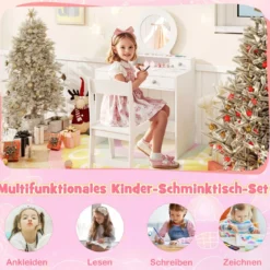 2 in 1 Kinder Schminktisch Set Kinderschminktisch mit Spiegel Kosmetiktisch für Mädchen Weiß