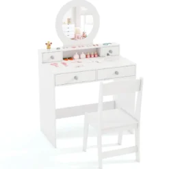 2 in 1 Kinder Schminktisch Set Kinderschminktisch mit Spiegel Kosmetiktisch für Mädchen Weiß