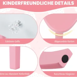 2 in 1 Kinder Schminktisch Set mit Abnehmbarem Spiegel & 3 Lichtfarben Makeup-Tisch Rosa