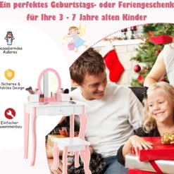 2-in-1-Kinder-Schminktisch-Set mit Spiegel Make-Up-Tisch 62 x 32 x 93 cm Rosa + Weiß