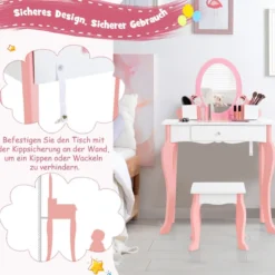 2-in-1-Kinder-Schminktisch-Set mit Spiegel Make-Up-Tisch 62 x 32 x 93 cm Rosa + Weiß