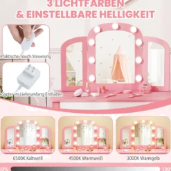 2 in 1 Kinder Schminktisch Set mit Abnehmbarem Spiegel & 3 Lichtfarben Makeup-Tisch Weiß