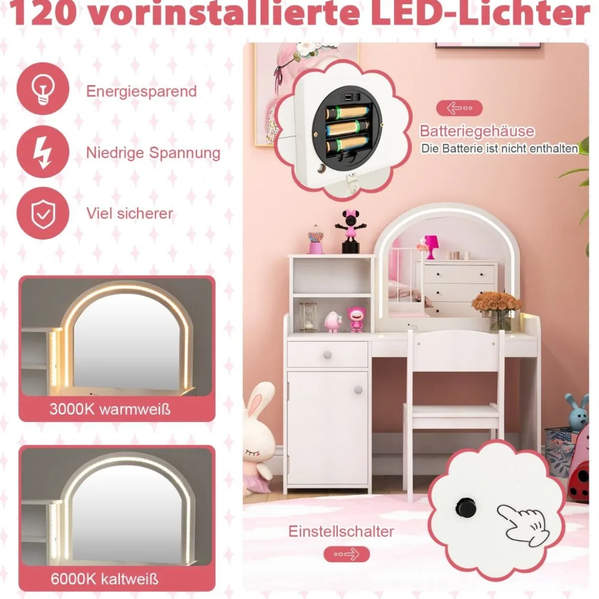 2 in 1 Kinder Schminktisch Set mit Hocker & LED-Lechten & Spiegel & Schublade Kosmetiktisch