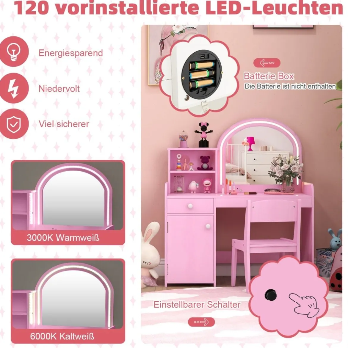 2 in 1 Kinder Schminktisch Set mit Hocker & LED-Lechten & Spiegel & Schublade Kosmetiktisch