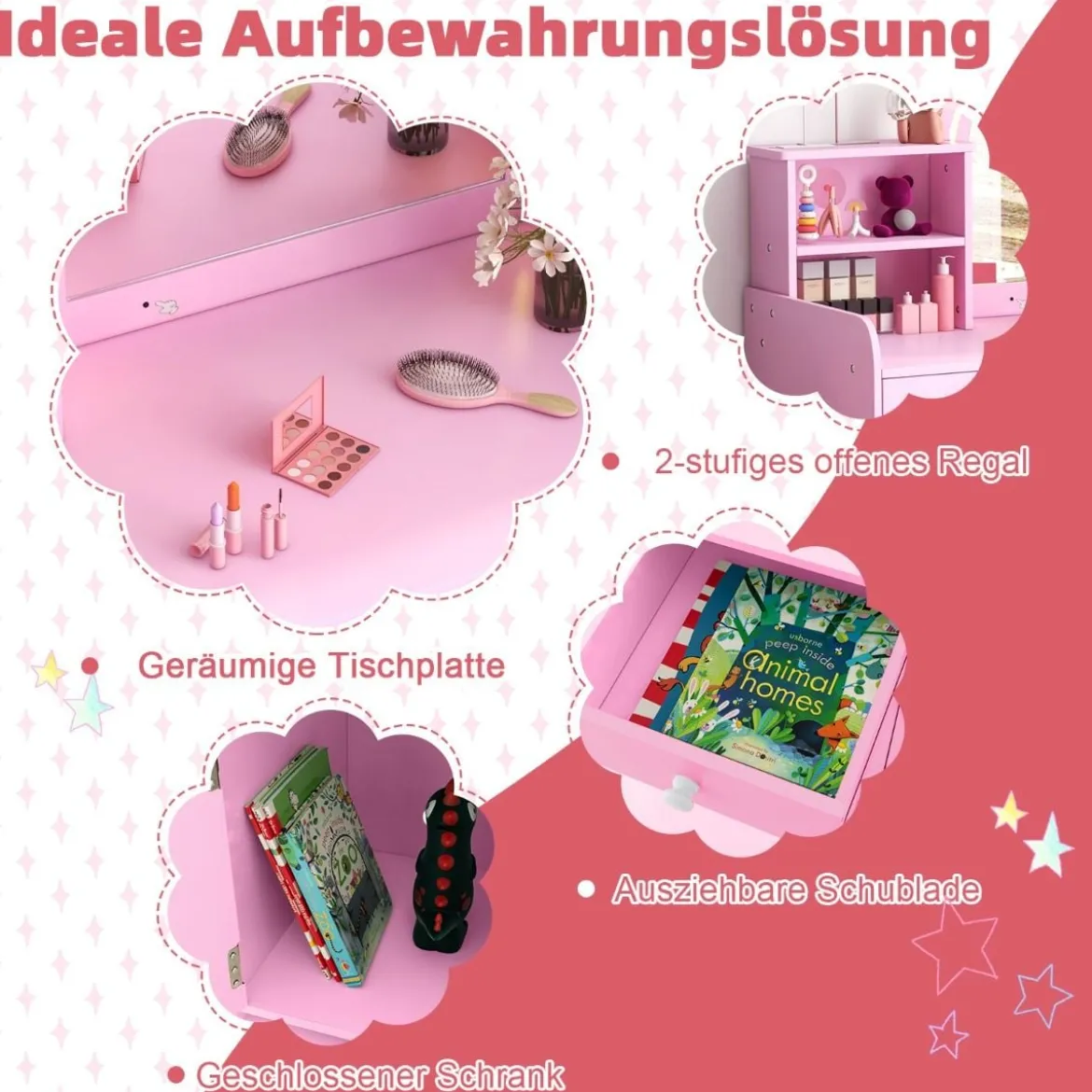 2 in 1 Kinder Schminktisch Set mit Hocker & LED-Lechten & Spiegel & Schublade Kosmetiktisch