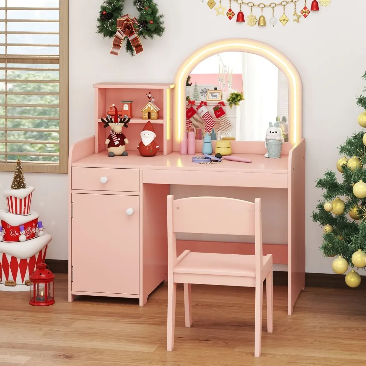 2 in 1 Kinder Schminktisch Set mit Hocker & LED-Lechten & Spiegel & Schublade Kosmetiktisch