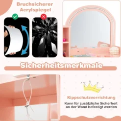 2 in 1 Kinder Schminktisch Set mit Hocker & LED-Lechten & Spiegel & Schublade Kosmetiktisch