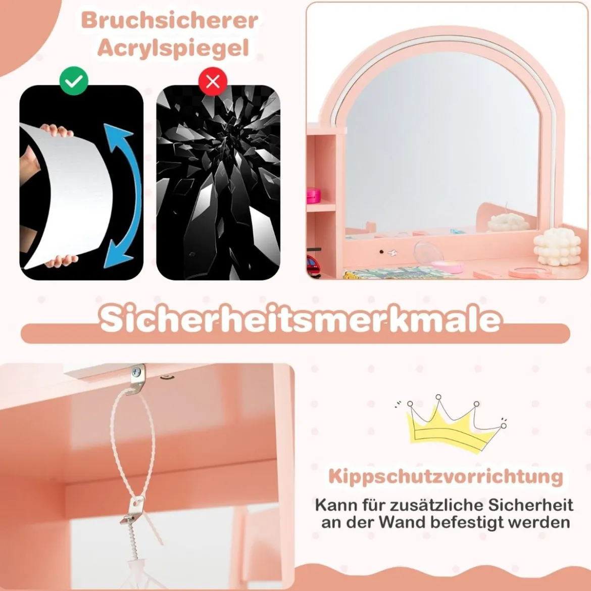 2 in 1 Kinder Schminktisch Set mit Hocker & LED-Lechten & Spiegel & Schublade Kosmetiktisch