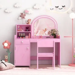 2 in 1 Kinder Schminktisch Set mit Hocker & LED-Lechten & Spiegel & Schublade Kosmetiktisch